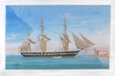 防壁のある海岸近くに停泊する帆装蒸気船HMS「イモータライト 作： Antonio de Simone