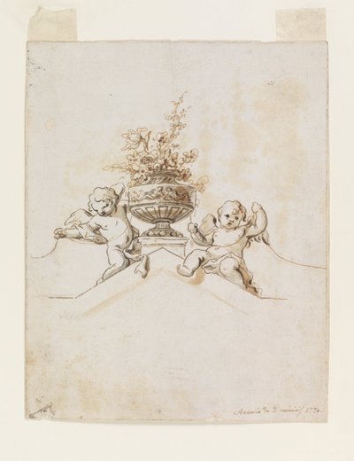 花瓶の横にある2つのプッティ 作： Antonio di Dominici