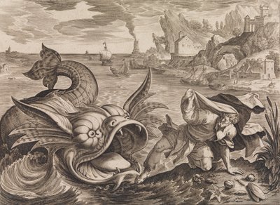 ジョナ・キャスト・オン・ショア・バイ・ザ・フィッシュ、約。 1585年 作： Antonius Wierix