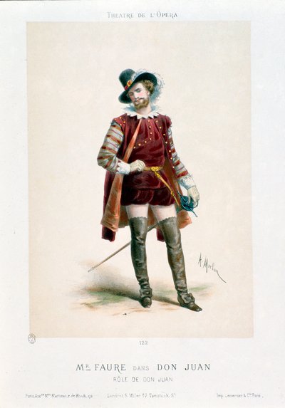 ヴォルフガング・アマデウス・モーツァルト（1756-1791）の同名のオペラ「ドン・ジョヴァンニ」（Don Giovanni）をパリのオペラ劇場で上演中の歌手ジャン＝バティスト（Jean Baptiste）・フォール（1830-1914）。アントニー・モーロン（1834-1914）のリトグラフ。 作： Antony Paul Emile Morlon