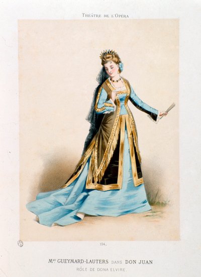ヴォルフガング・アマデウス・モーツァルトのオペラ『ドン・ジョヴァンニ（ドン・ファン）』（1756-1791）のドーナ・エルヴィアを演じる歌手ポーリン・ラウターズ・ギュイマール（ラウターズ・ギュイマール）（1834-1876）が、パリのオペラ劇場で上演中のもの。アントニー・モーロン（1834-1914）によるリトグラフ。 作： Antony Paul Emile Morlon