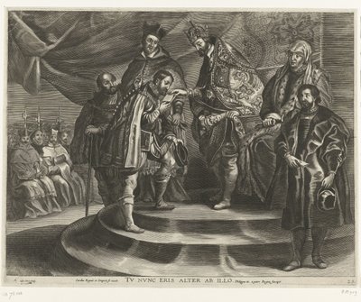 Troonsafsand van Karel V; incht van Ferdinand te Gent、1635 年 (blad 25) チャールズは王国と帝国を剥奪した / あなたは今や彼に次ぐだろう / フィリップ2世は父親から王国を奪う (オブジェクトの称号) 作： Antony van der Does