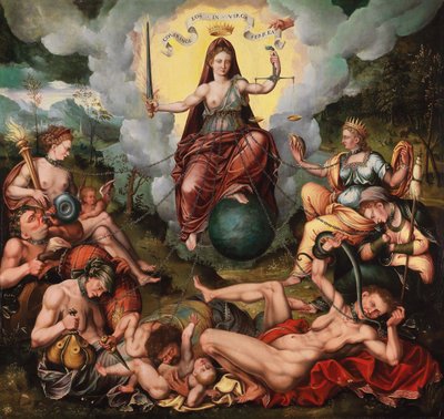 Justitia は七つの大罪を打ち負かします。 1600年。 作： Antoon Claeissens