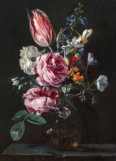 水仙、パロット・チューリップ、薔薇などの花束（石の台座に置かれたガラスの花瓶）1650年代頃（銅に油彩 作： Antwerp School