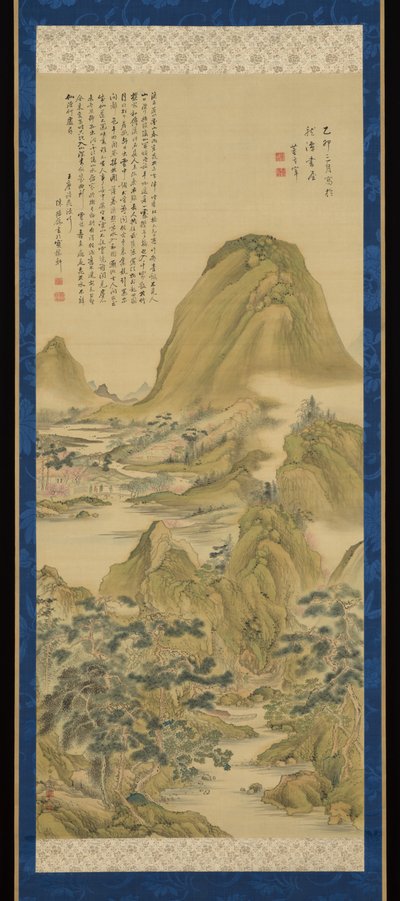 Nach Das Lied vom Pfirsichblütenquell, zugeschrieben Dong Qichang, mit einer Inschrift von Wang Weis Gedicht, zugeschrieben Chen Jiru 作： 青木夙夜