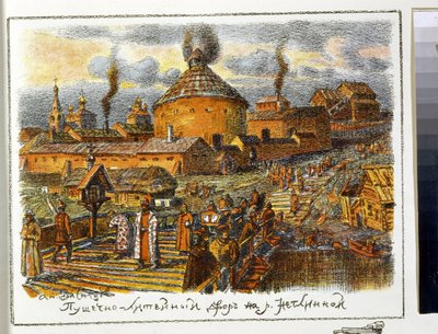 17 世紀のネグリナヤ川 (ネグリムナ、ネグリナ、ネグリンカ) のランドリー キャノン。 Appolinari Mikhaylovich Vasnetsov (1856-1933) の作品、リトグラフ 作： Apollinari Mikhailovich Vasnetsov