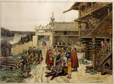ロシアの王子の封建裁判所。 （中世の村で、領主は木造家屋の中庭の椅子に座り、兵士や顧問に囲まれ、農民の不満に耳を傾けています）。 アポリナーリ・ミハイロヴィッチ・ヴァスネツォフの作品 作： Apollinari Mikhailovich Vasnetsov
