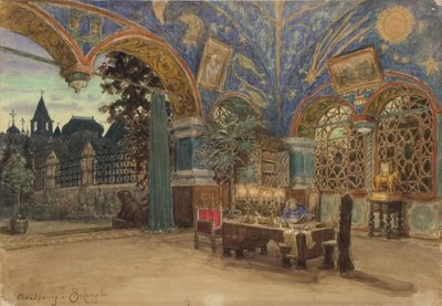 プリンスヴァシリーゴリツィンのダイニングルーム。 M.ムソルグスキー作のオペラKhovanshchinaの舞台デザイン、1897年 作： Apollinari Mikhailovich Vasnetsov
