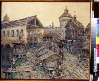 17世紀のモスクワの復活橋。 Appolinari Mikhaylovich Vasnetsov (1856-1933) の作品、紙に水彩とパステル 作： Apollinari Mikhailovich Vasnetsov