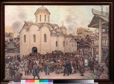 カーン トクタミッチ (トクタミッチ) によるモスクワ侵攻 (1406 年に死亡)、1382 年 (黄金の大群による都市の占領) - アポリナリ ミハイロビッチ ヴァスネツォフ (1856-1933) の作品、紙に水彩と木炭 作： Apollinari Mikhailovich Vasnetsov
