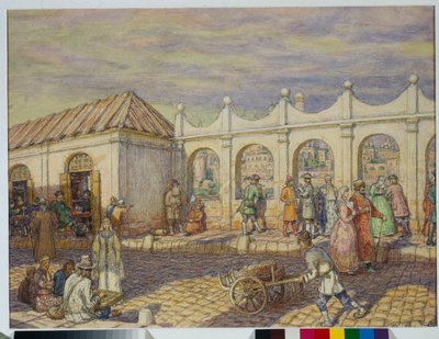 ピョートル大帝 (1672-1725) の時代のモスクワのストーン ブリッジ (諸聖人の橋) のストリート シーン - Appolinari Mikhaylovich Vasnetsov (1856-1933) によるアートワーク 作： Apollinari Mikhailovich Vasnetsov