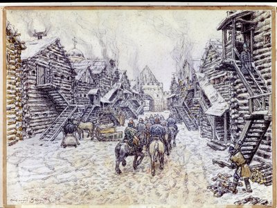 古いモスクワ。 雪の下の伝統的な木造建築。 Appolinari Mikhaylovich Vasnetsov (1856-1933) の作品、紙に水彩とチョーク 作： Apollinari Mikhailovich Vasnetsov