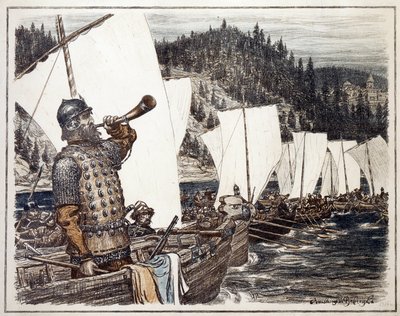 イルティシュ川のイェルマク・ティモフェヴィッチ (1540～1585 年頃)。 （IrtyshのYermak Timopheyevich）。 1583 年、シベリアの探検と征服のエピソード。Appolinari Mikhaylovich Vasnetsov (1856-1933) 作、リトグラフ 1916 年。 ロシア美術、20 世紀 作： Apollinari Mikhailovich Vasnetsov