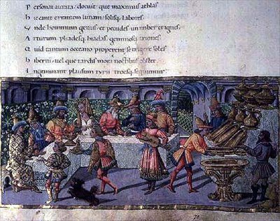 Ms 492 f.75 「アエネーイス」からの宴の場面（ベラム製） 作： Apollonio di Giovanni di Tommaso