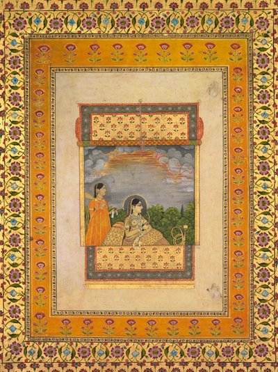 だまし絵の窓の王女と侍女、1765年頃、不透明水彩、金、紙 作： Aqil Khan
