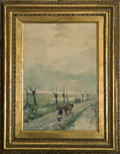 人物のいる風景 1918-19 （木炭画に水彩画） 作： Arcangelo Salvarani