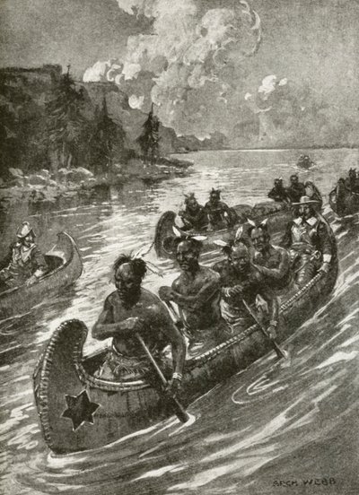 1608年、Samuel De Champlainが、友好的なアメリカ先住民のカヌーに乗ってセントローレンス川を遡上した様子（リトグラフ 作： Archibald Bertram (after) Webb