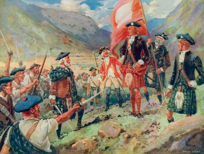 ボニー・プリンス・チャーリーが1745年にスコットランドに上陸した際の、旗の掲揚（カラーリトグラフ 作： Archibald Bertram (after) Webb