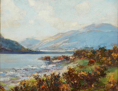 牛に水をやるハイランドシーン（キャンバスボードに油彩） 作： Archibald Kay
