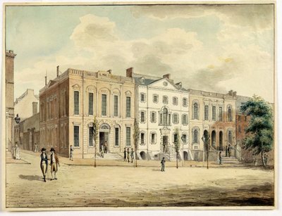 1798年ニューヨーク市、ウォールストリートとウィリアムストリートの北東の角（トイレと紙にインク） 作： Archibald Robertson