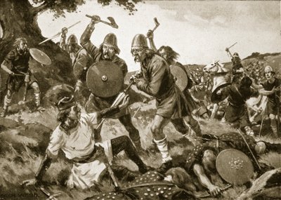 「ハッチンソンのイギリス国民の物語」（1920年頃）のイラスト、オズワルド王の敗北、642年 作： Archibald Webb