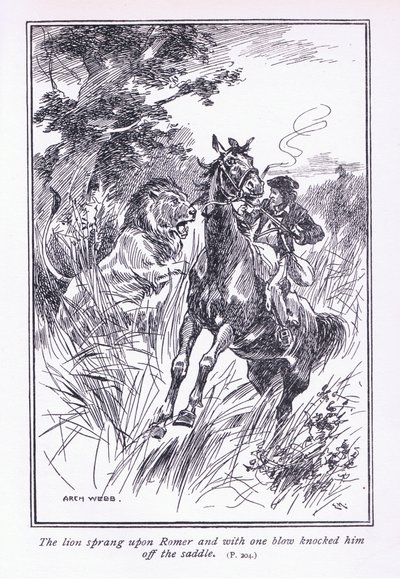 ライオンがレーマーに飛びつき、1打撃で1900年代にサドルから打ち倒されました。 作： Archibald Webb