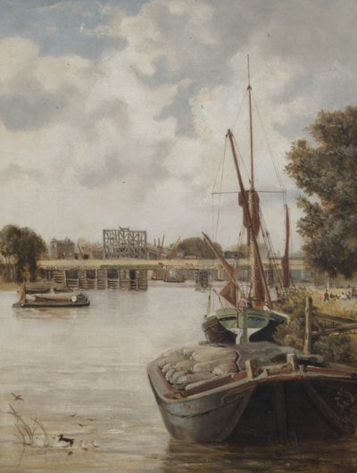 仮設橋を示す現在建設中のハマースミス橋、1886年 作： Archibald Webb