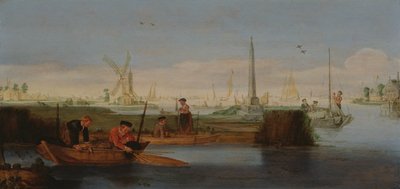 漁師のいる川の風景（油彩・キャンバス） 作： Arentsz van der Cabel