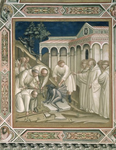 聖ベネディクトの生涯（c.480-c.550）の詳細、1387年の聖域にある重い石 作： Aretino Luca Spinello or Spinelli