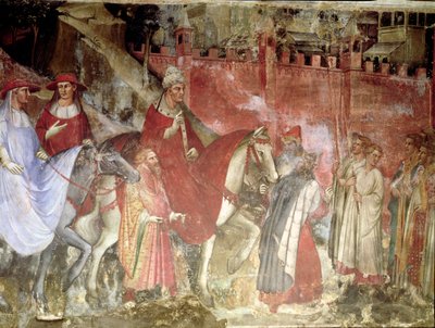 教皇アレクサンドル3世の歴史（1105-81）：ローマへの教皇と皇帝フレデリックバルバロッサ（c.1123-90）の入り口、1407年（詳細） 作： Aretino Luca Spinello or Spinelli
