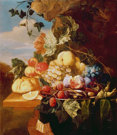 果物と花のある静物 作： Arie de Vois
