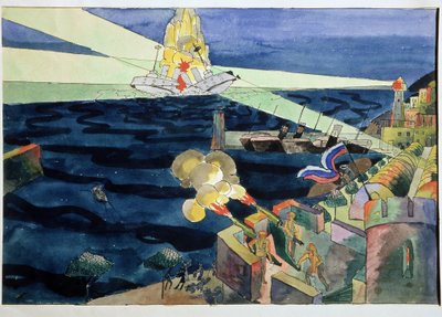 海戦。 要塞化された海岸を守るために、大砲が戦艦に発砲し、爆発の中でバラバラになります。 Aristarkh Vasilyevich Lentulov (Lentulov) (1882-1943) の作品、紙に水彩 作： Aristarkh Vasilievic Lentulov