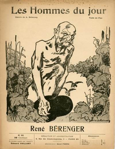 Les Hommes du jour "の表紙、Satirique en N & B, ca. 1909:検閲 - ベレンジャー・ルネ（1830-1915） - イラスト：アリスティド・ドラノワ（1874-1911 作： Aristide Delannoy