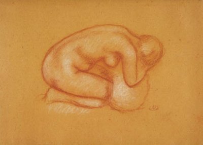 頭を両手で支え、右向きのひざまずいたモデル 作： Aristide Maillol