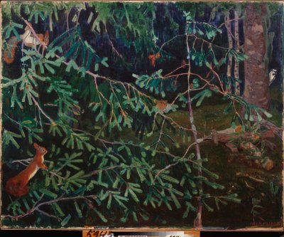 森の住人。 （枝のリスと幹をついばむ鳥）。 Arkadi（Arkady）Alexandrovich Rylov（1870-1939）による絵画、キャンバスに油彩 作： Arkadij Aleksandrovic Rylov
