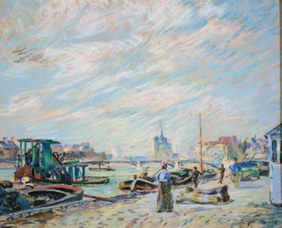 ノートルダム大聖堂を背景に、現在アンリ 4 世河口と呼ばれるケ シュリーの眺め 作： Armand Guillaumin