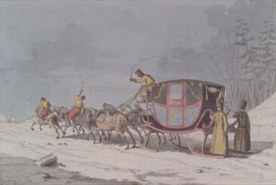 ソリに乗った馬と馬車（「ロシア人の風俗と習慣」より 作： Armand Gustave Houbigant