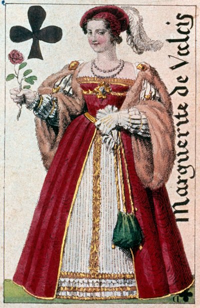 マルゴー王妃ことマルグリット・ド・ヴァロワ（1553-1615）を表現したもの。Gustave Houbigant (1789-1862) 19世紀パリ B.N.製プレイカードのディテール。 作： Armand Gustave Houbigant