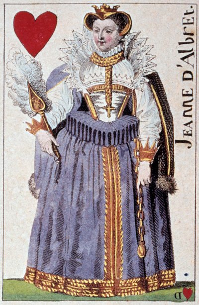 アンリ4世（1553-1610）の母であるアルブレ王妃ジョアン（ナバラ王ジョアン3世）（1528-1572）を表現したもの。ギュスターヴ・ユービガン（1789-1862）が制作したプレイカードの詳細 19世紀 パリ B.N. 作： Armand Gustave Houbigant
