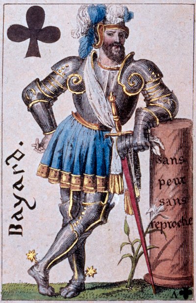 バイヤル公爵である騎士ピエール・テライユ（1476-1524）を表現したもの。Gustave Houbigant (1789-1862) 19世紀パリ B.N.製プレイカードの詳細。 作： Armand Gustave Houbigant