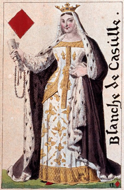 カスティーリャの白の女王（1188-1252）の表現。Gustave Houbigant (1789-1862) 19世紀パリ B.N.製プレイカードのディテール。 作： Armand Gustave Houbigant