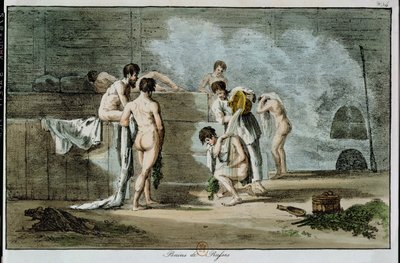 サウナのロシア人男性、ロシアの風習と習慣、1821年（カラーリソ） 作： Armand Gustave Houbigant