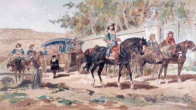 乗馬されたエスコートを備えた17世紀の馬に引かれた公の勤勉さ、またはコーチ、1886 作： Armand Jean Heins