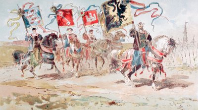 ハンザ同盟および同盟に属する町の旗を掲げた騎手、16世紀、1886年 作： Armand Jean Heins