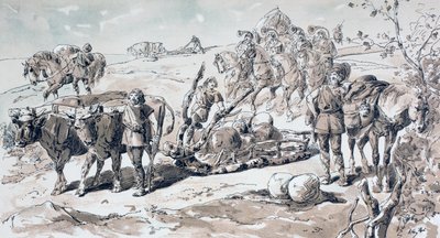 岩を積んだ原始的なそりを描く牛1886 作： Armand Jean Heins