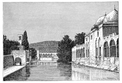 アブラハムのモスクと噴水、オフラ、タイイーバ、イスラエル西岸、1895年。 作： Armand Kohl