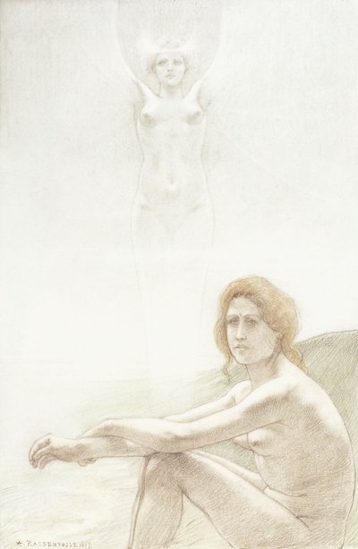 背景に幽霊のような女性の姿で座っている女性のヌード 作： Armand Rassenfosse