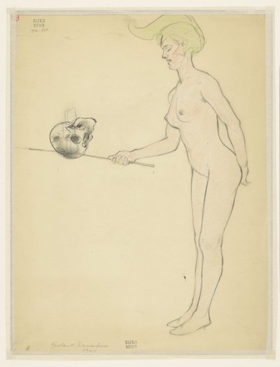 棒と頭蓋骨で立っている裸の女性 作： Armand Rassenfosse