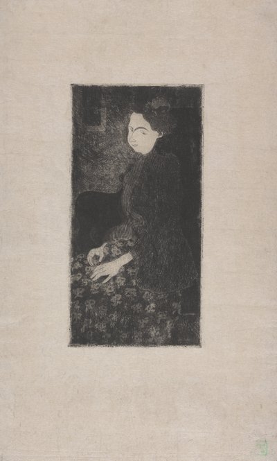 Femme assise avec chapeau a plumes (羽毛のついた帽子をかぶった座った女性) c.1893 (エッチング、ドライポイント、点描) 作： Armand Séguin