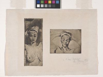 両手を頭の後ろに置いたヌード、垂直（左の画像）。 頭の後ろで手を組む裸体・横向き（右画像）（エッチング・アクアティント） 作： Armand Séguin